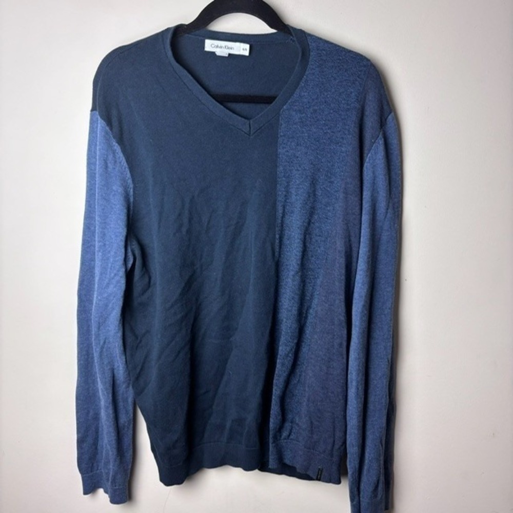 Mens XL Calvin Klein Sweater Blue Heather Colorblock Knitted V Neck Long Sleeve